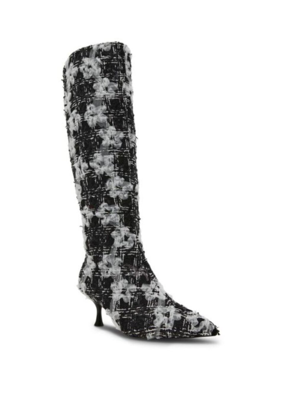 Betsey Johnson Maxxine Heeled Knee High Boots Tweed Floral Black White - 6.5
